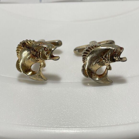 Other - Vintage Goldtone HICKOK Fish Fishing Bass Men's Cuff Links
